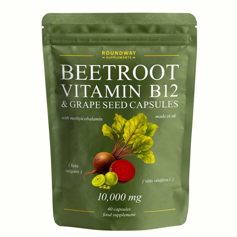 Beetroot Capsules with Vitamin B12 & Grape Seed Extract for Energy & Immunity + Nitric Oxide | High Strength 9000mg Beetroot, 1000mcg Methylcobalamin | 60 Capsules (2 Months) by Roundway Supplements
