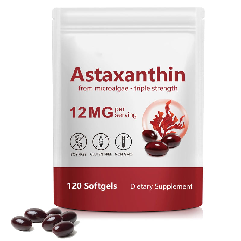 Astaxanthin 12mg 120 Softgels - 4 Months Supply - Triple Strength Astaxanthin Supplements, Non-GMO Gluten Free Soy Free,Sourced from Haematococcus Pluvialis Microalgae - for Both Men & Women