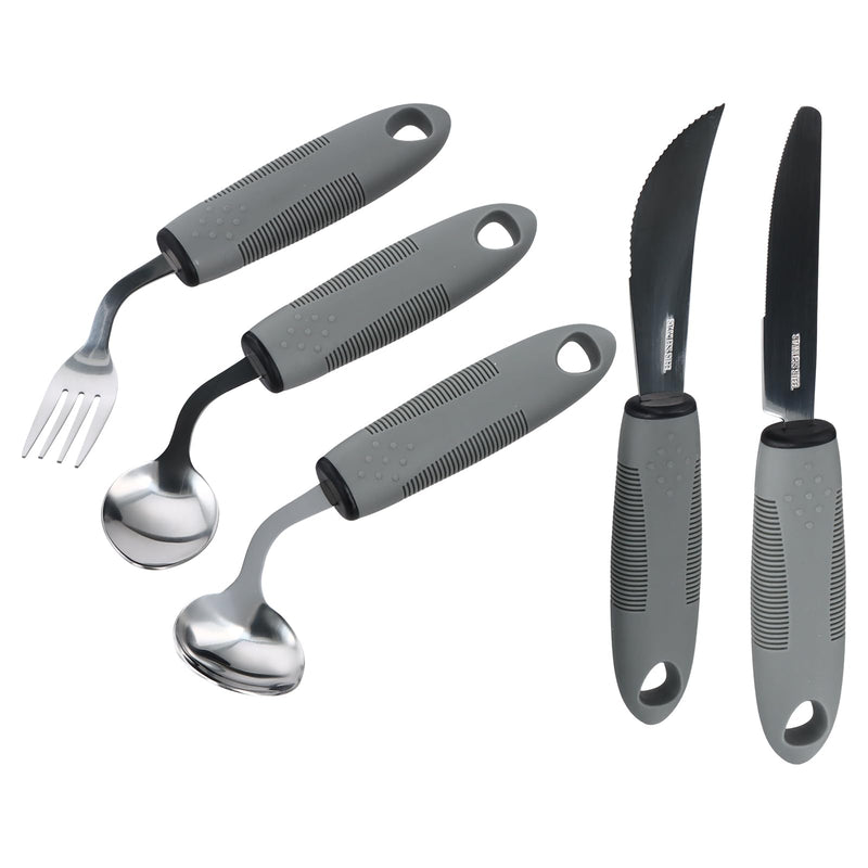 Weighted Adaptive Cutlery Set, 5 Piece Cutlery for Arthritic Hands, 42° Angled Adaptive Utensils, Easy Grip Cutlery for Elderly Disabled Parkinson's Tremors Arthritis (Right-Handed)