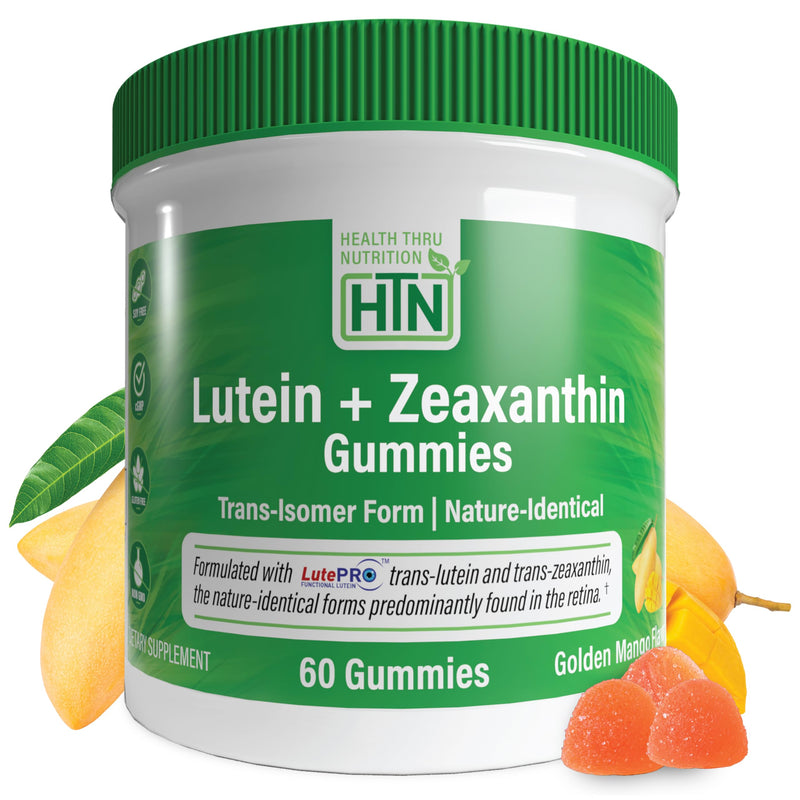 Health Thru Nutrition Lutein + Zeaxanthin Gummies | All-Trans Form | 20mg Lutein & 4mg Zeaxanthin Trans-isomers | Golden Mango Flavor | Eye Support | Non-GMO, Vegan| 60 Gummies
