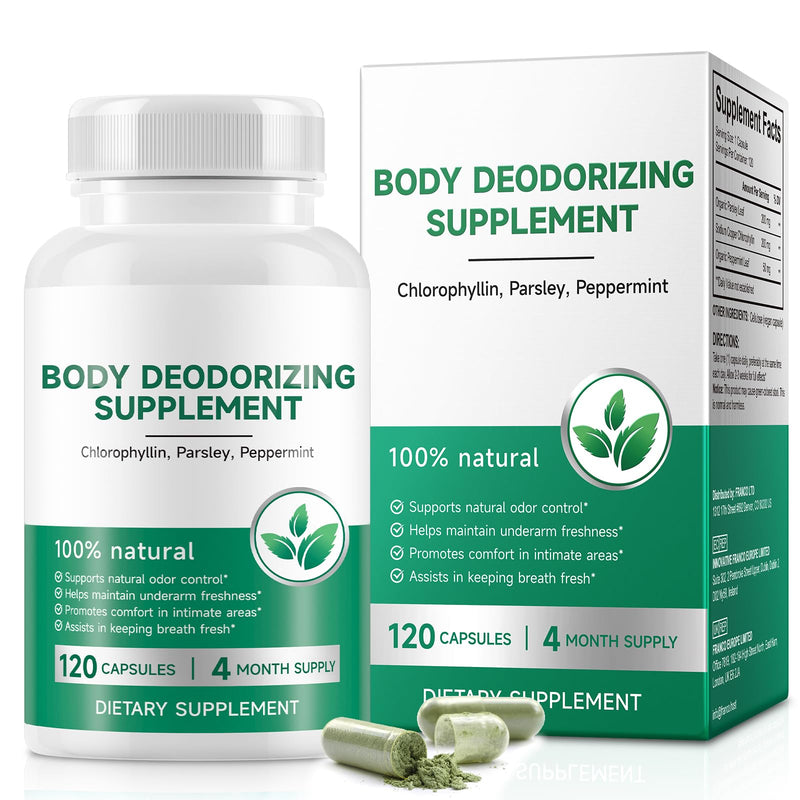 Body Deodorizing Supplement 120 Capsules, Internal Deodorant Chlorophyll Capsules, Natural Odor Control Chlorophyll Pills for Gut Health, Skin Health, Detox & Digestion Support