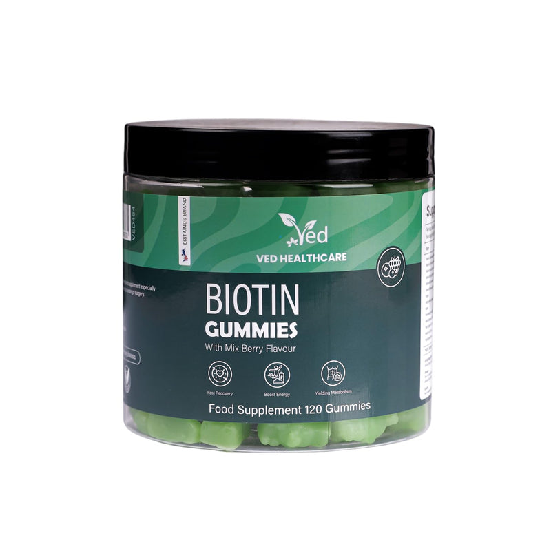 VED Biotin Gummies 5000mcg – 120 Vegan Gummies with 7 Essential Vitamins, Natural Mixed Berry Flavor – Hair, Skin & Nail Support – Non-GMO, Gluten-Free, Vegetarian, 2 Month Supply.