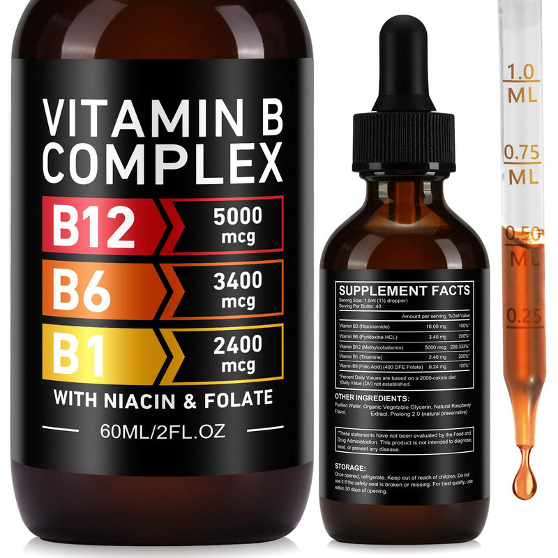 Vitamin B Complex Liquid Drops, 60ml High Strength B-Vitamin Complex Drops Vitamin B3 B6 B12 B1& Folate, Supports Immune System and Energy Levels, Brain Heart Function (60ML) 60 ml (Pack of 1)