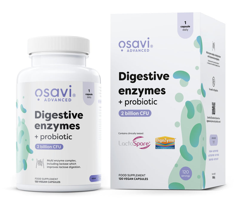 Osavi Digestive Enzymes + Probiotic – 120 Vegan Capsules | DigeZyme® + LactoSpore® | 7 Digestive Enzymes with Papain & Bromelain | Clinically Studied Ingredients | Clean Label