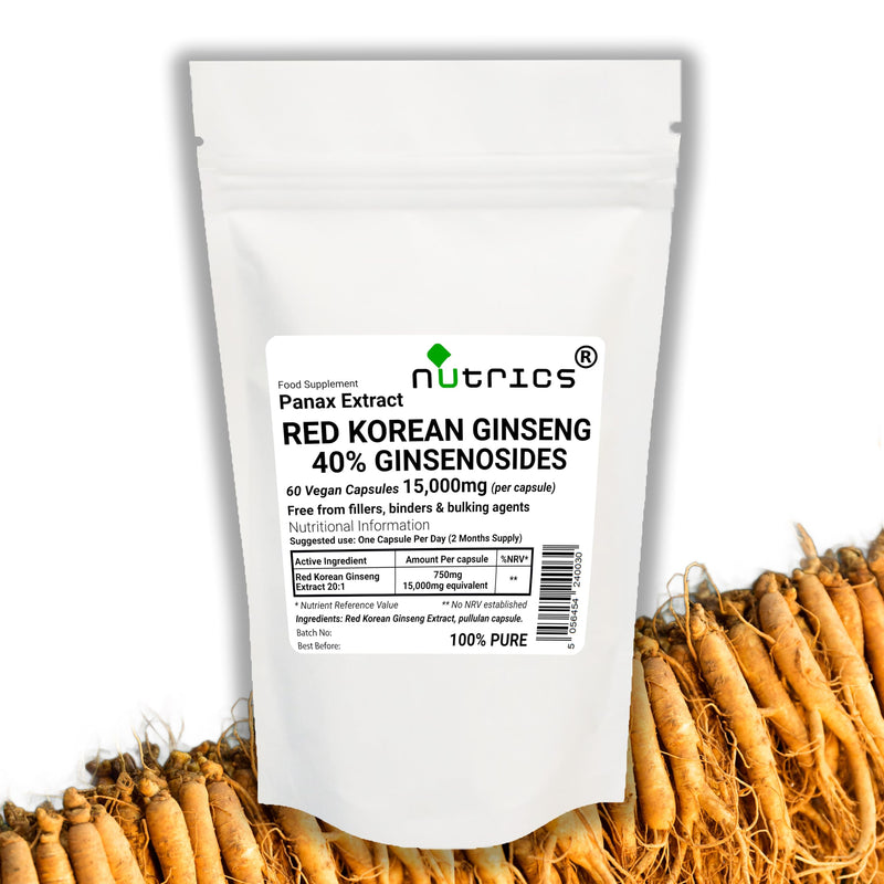 15,000mg (per Capsule) 40% Ginsenosides RED Korean Ginseng Extract 60 V Capsules - Strong One A Day - Free from fillers, Binders & Bulking Agents PANAX 60 V Capsules (2 months supply)