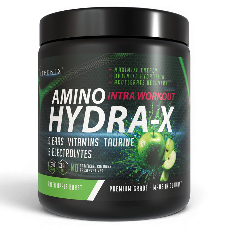 Athenix® Amino Hydra-X Intra-Workout | Green Apple | 9 EAAs + 5 Electrolytes + Vitamins & Taurine | Vegan BCAA + Hydration Powder | 26 Servings | Zero Sugar & Fat | 365g (365g, Green Apple Burst)