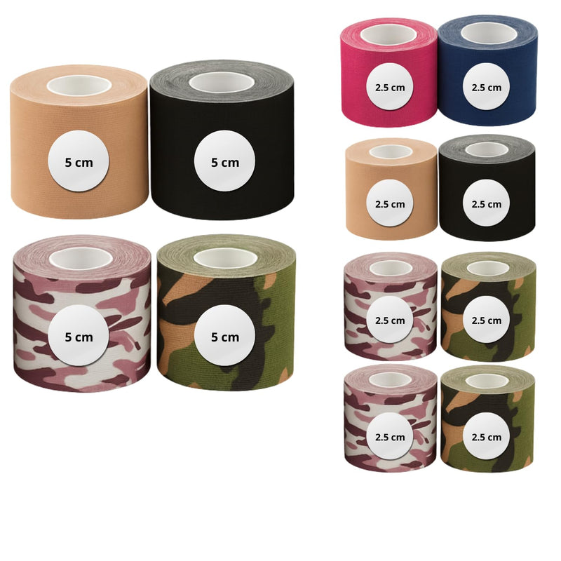 Kinesiology Rolls - Pack of 12 Sports & Face Tapes | 2.5 & 5 cm | Elastic & Waterproof Adhesive | Camouflage & Solid Colours | Breathable, Hypoallergenic, Residue-Free