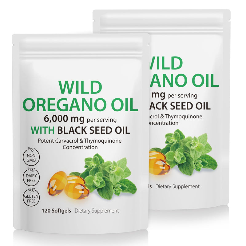 2 Pack Oil of Oregano Softgels, 2 in 1 6000mg Oil of Oregano with Black Seed, Oregano Supplement Capsules, Natural Antioxidants, Non-GMO, Gluten Free, 120 Softgels
