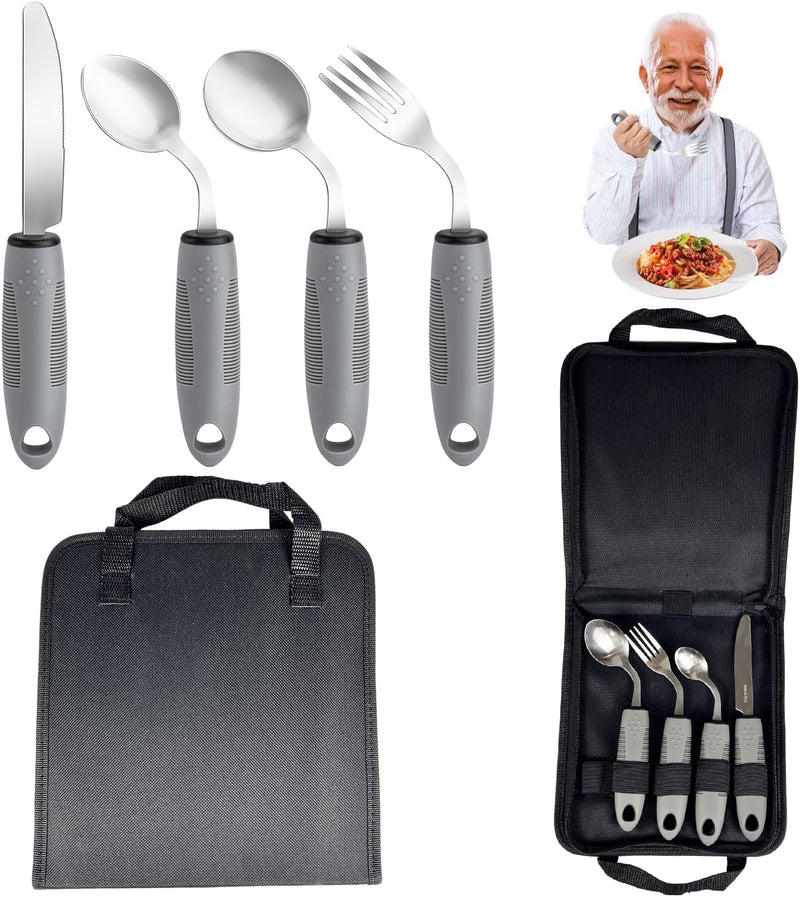 42° Angle Parkinson Cutlery (4-Piece), Adaptive Cutlery Set, 85 g Weighted Cutlery for Hand Tremors and Arthritis - Ergonomic Eating Aids with Non-Slip Handle (Right-Handed Users)