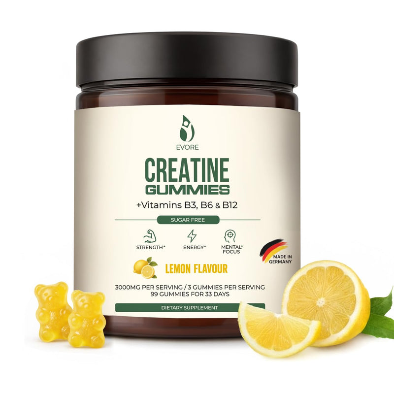 Creatine Gummies – 3000mg Creatine per Serving – 99 Sugar-Free Gummies – Made in Germany, Lab Tested – with Vitamins B3, B6, and B12 – Alternative to Capsules, Tablets, and Powders – Lemon