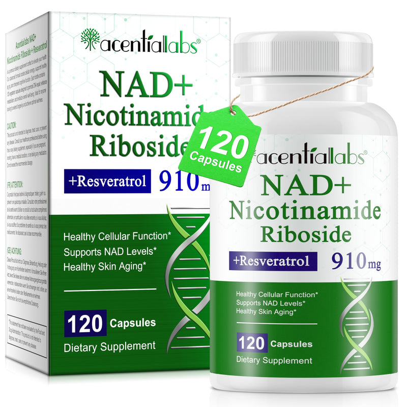 NAD+ 910mg Supplement with Nicotinamide Riboside & Resveratrol -Plant-Based Capsules (120 Count) for Youthful Vitality,Cellular Energy Support & Healthy Aging