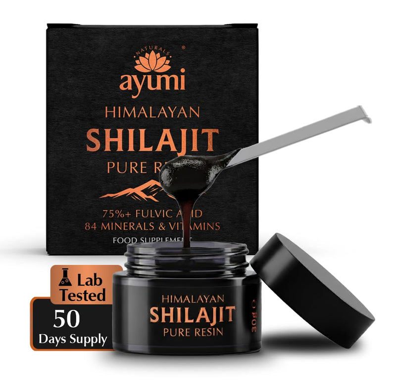 Ayumi Himalayan Shilajit Resin 30g| Shilajit Gold Grade 100% Pure from 18000 ft| 75% Fulvic Acid & 85+ Trace Minerals |Stamina & Vitality Booster | Testosterone Supplements for Men |600mg (50 Serves)