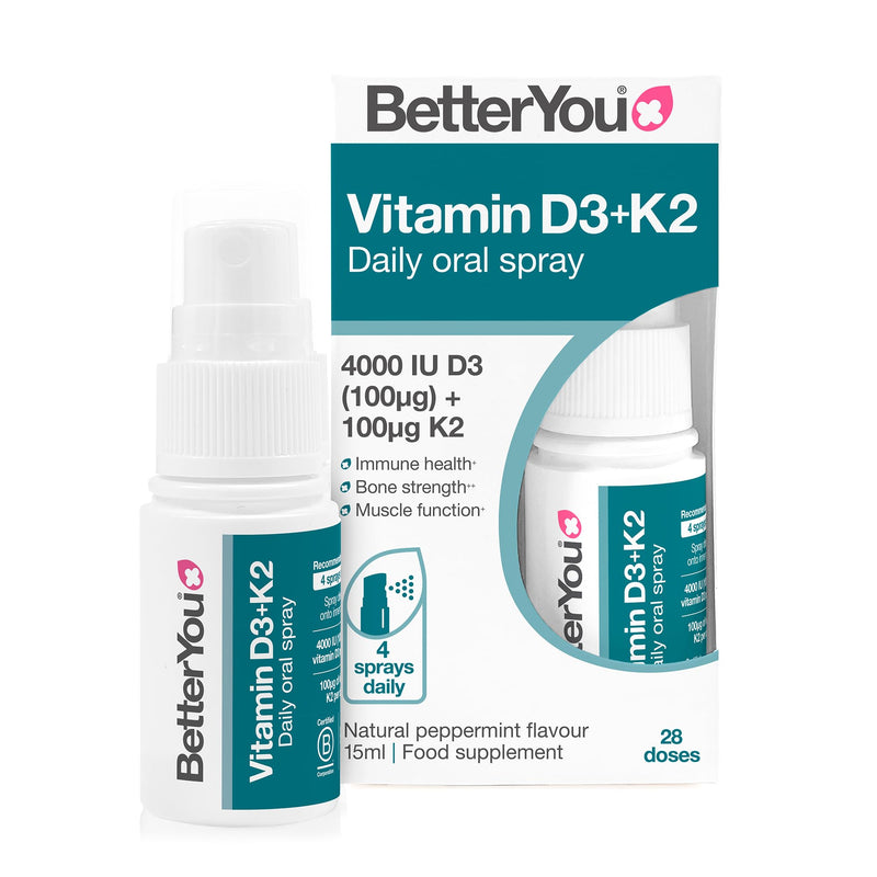 BetterYou Vitamin D3 K2 Oral Spray, Fast Acting Vitamin D 4000 IU + Vitamin K2 (MK7) Supplement, Supports Bones, Teeth, Immune System & Blood Clotting, 1-Month Supply, Natural Peppermint Flavour 15 ml (Pack of 1)