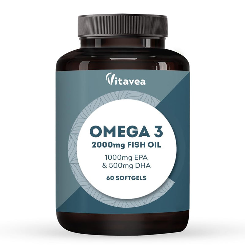 Omega 3 Fish Oil 2000mg – 1000mg EPA & 500mg DHA – 1600mg Omega-3 Fatty Acids – Supports Heart, Brain & Vision – 60 Easy-to-Swallow Softgels – Up to 2-Month Supply – Vitavea