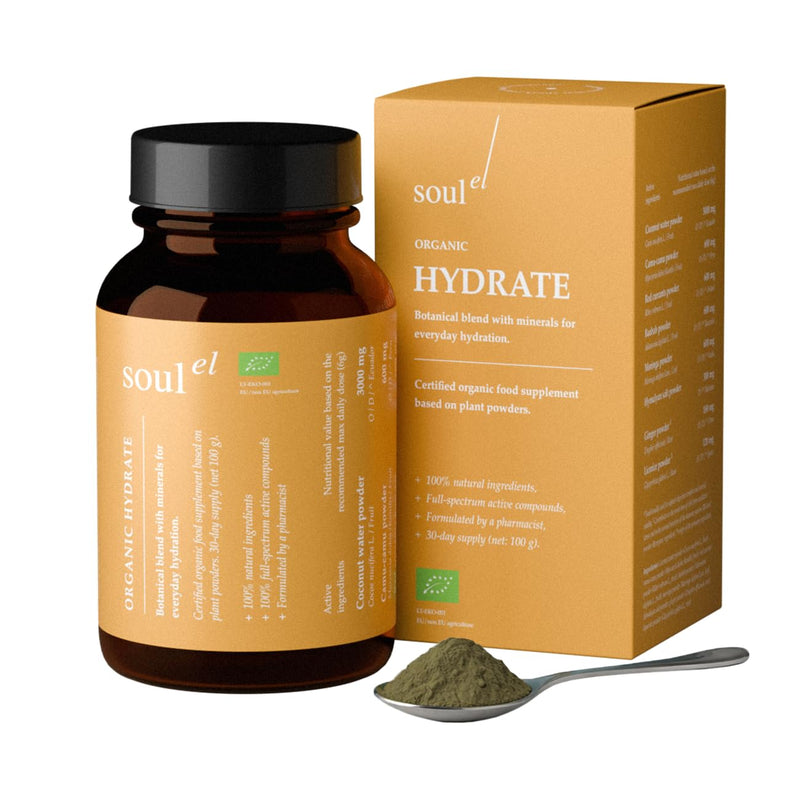 Organic Hydrate 100g - 30 Servings - Certified Organic Botanical Electrolyte Blend for Mineral Balance & Daily Hydration – Natural Vitamin C with Coconut, Baobab & Camu Camu