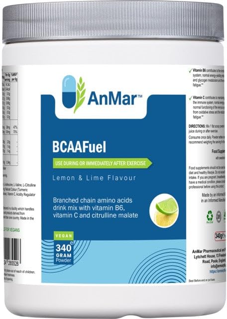 AnMar® BCAA Powder Drink – 2:1:1 Branched Chain Amino Acids with Citrulline Malate, Vitamin B6 & Vitamin C – Lemon & Lime Flavour Amino Acid Drink – 340g (Approx. 42 Servings)