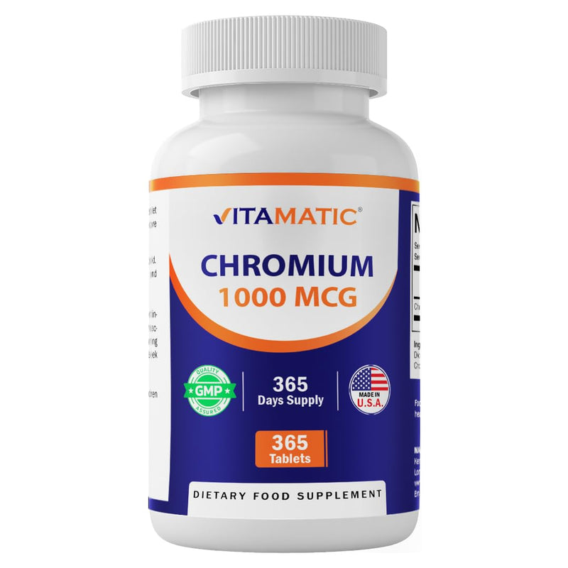 Vitamatic Chromium 1000 mcg | 365 Tablets | High Potency Chromium Picolinate | Non-GMO, Gluten Free