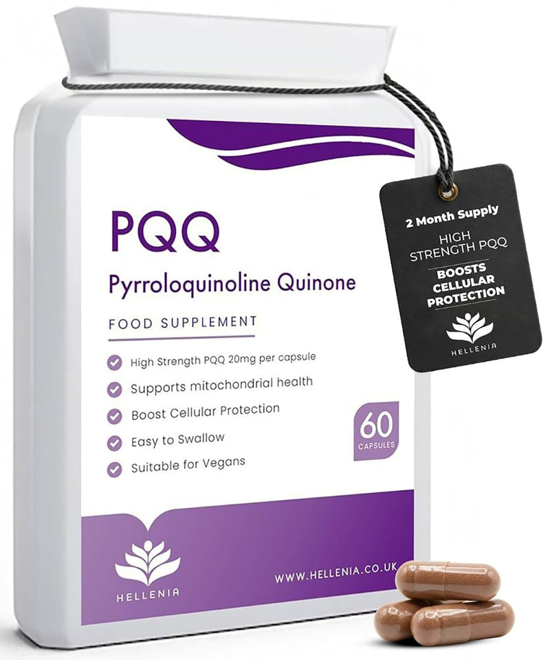 PQQ Supplement 20mg | Pure Pyrroloquinoline Quinone - High Strength | 60 Vegan PQQ Capsules | Energy, Brain, Cell Health, Mitochondria & Anti-Ageing Support | 2-Month Supply Made in the UK by Hellenia