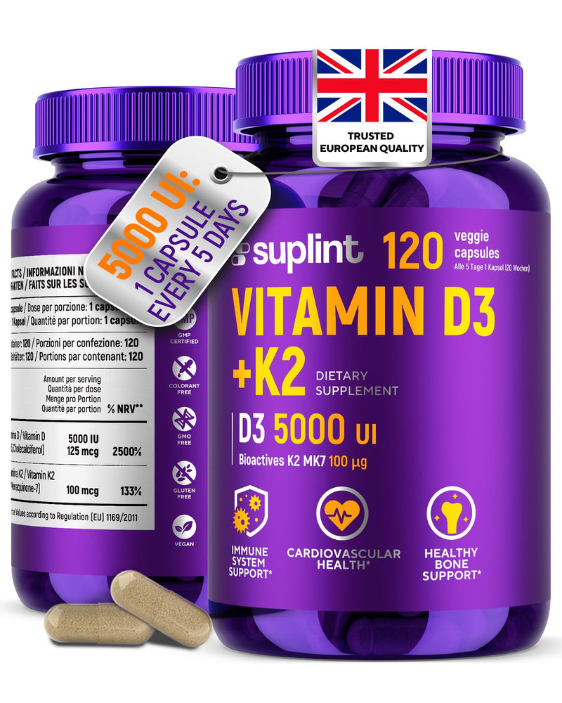Vitamin D3 K2 1000 IU per Day – 120 Vegan Capsules – 100µg Vitamin K2 ≥ 98% All-Trans MK-7 – High Strength Vitamin D3 – Lab Tested – for Women and Men – Non-GMO, Gluten Free 120 count (Pack of 1)