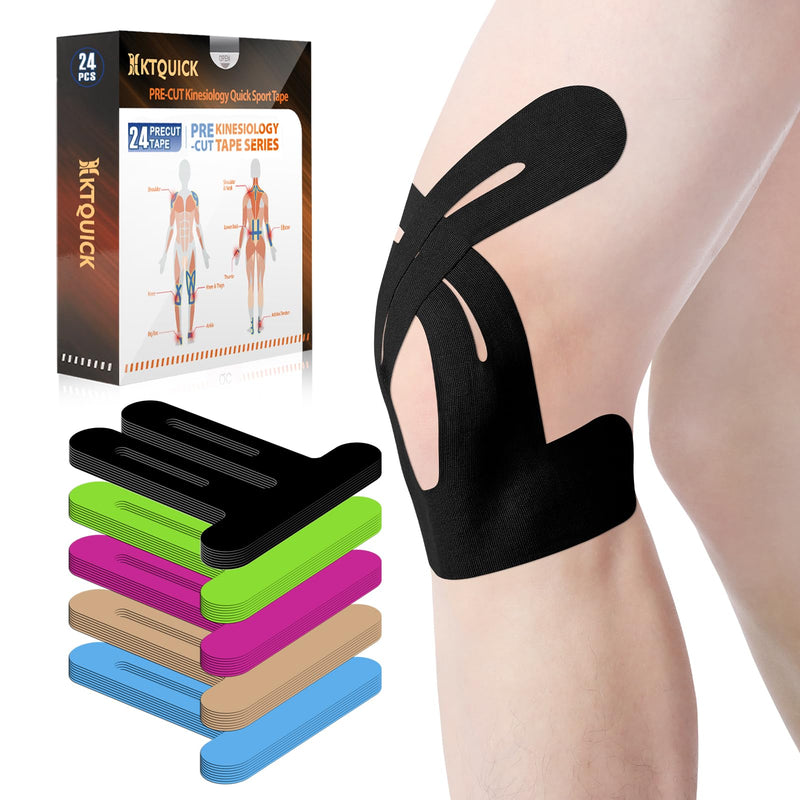 Precut Kinesiology Tape for Knees, 24 PCS KTQUICK Knee Tapes for Knee Pain, Elastic Knee Support & Stability& Breathable, Waterproof Sports Tapes for Muscle(Black) Black 24PCS