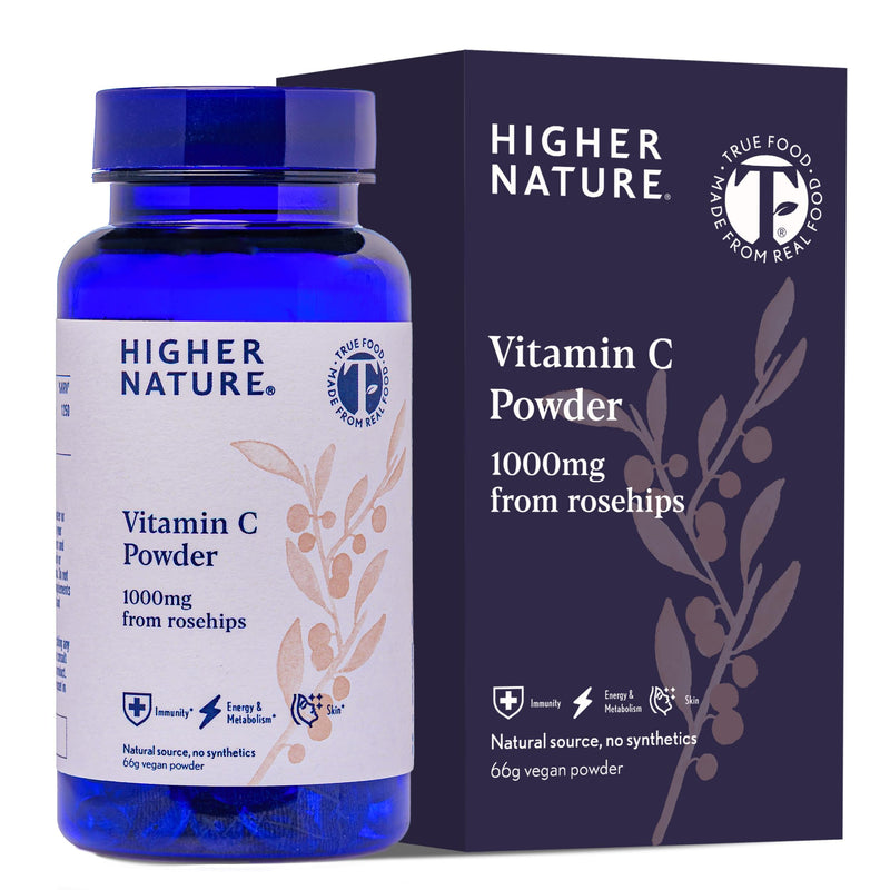 Higher Nature Vitamin C Powder - 1000mg Vitamin C from Rosehips - True Food® Formula - Natural Vit C - Immune System Support - Energy, Beauty, Joint, Bone & Collagen Support - 100% Plant Powered - 66g