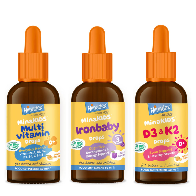 MinaKids 3 Pack Bundle (60 ml x 3) | Multivitamin + Ironbaby + D3+K2 Drops | Liquid Supplements for Kids & Children | Immunity, Energy & Bone Support | Sugar-Free | Vegan | Natural Flavours