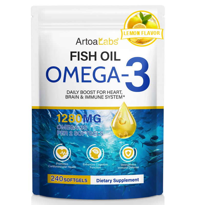 Omega 3 Fish Oil 1280mg Capsules,240 Softgel(4 Months Supply),High Strength Pure Omega 3 Fish Oil,Supports Heart,Brain Function and Eye Health,No Gluten
