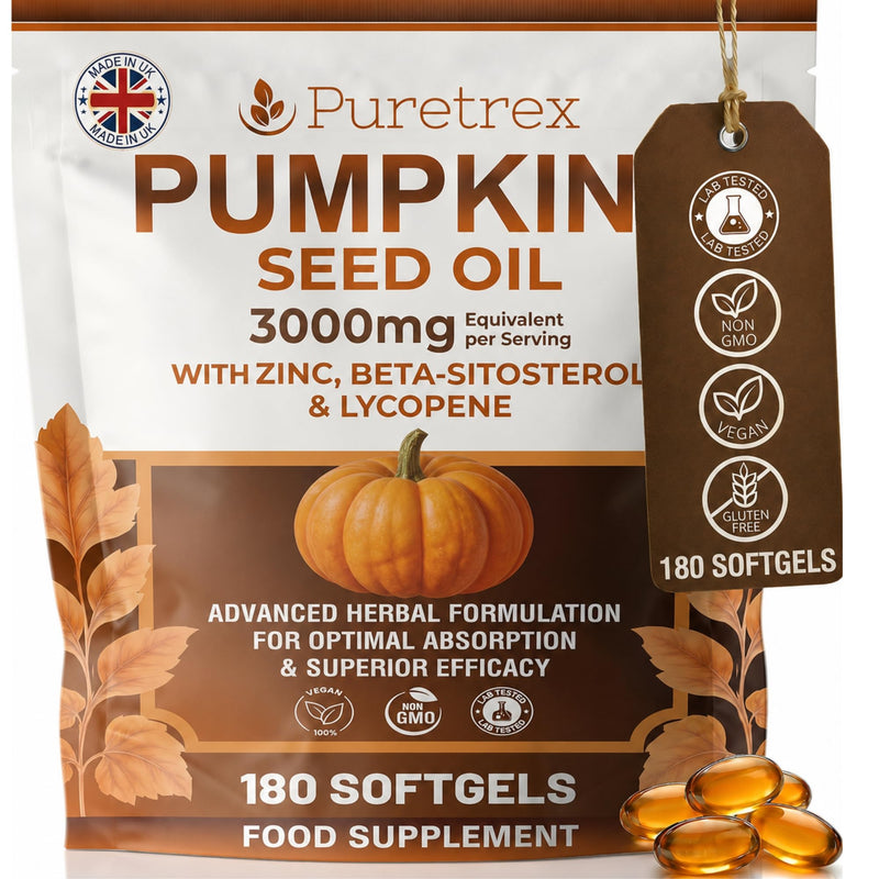 PURETREX Pumpkin Seed Oil 3000mg Softgels, Zinc Beta Sitosterol Lycopene Complex, Plant Based Daily Nutrition Supplement, Omega Rich Formula, Clean Non GMO, Made in UK, 180 Vegan Softgels