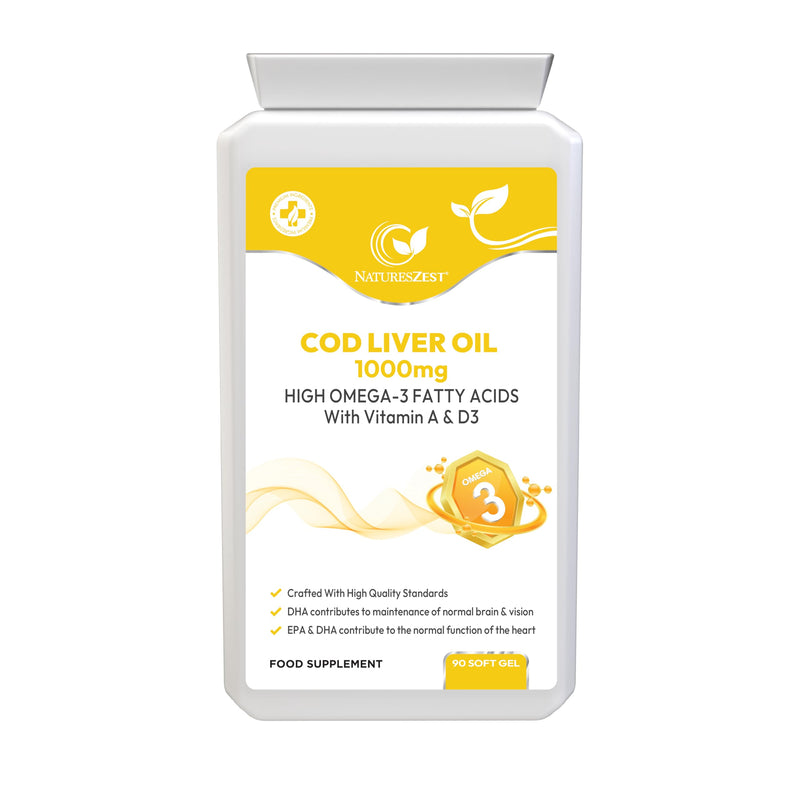 Natures Zest Cod Liver Oil 1000mg – High Strength Omega-3 with Vitamin A & D3, 90 Soft Gel Capsules – Supports Heart, Brain & Vision – Made in UK