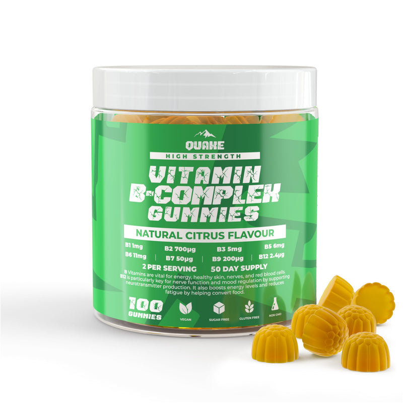 Quake Vitamin B Complex Gummies – High Strength B1, B2, B3, B5, B6, B7, B9 & B12 – Energy & Metabolism Support – Vegan, Sugar Free – Citrus Flavour – 100 Gummies (50 Day Supply)