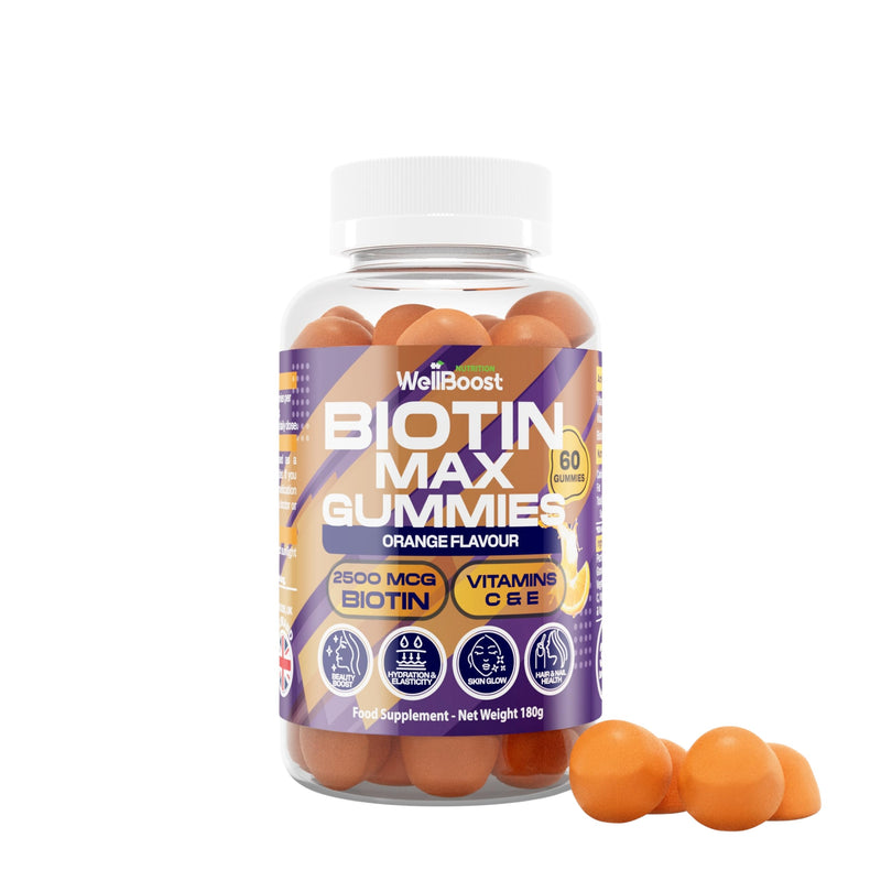 WellBoost Biotin Gummies – 2500mcg Biotin, 25mg Vitamin C & 6.2mg Vitamin E – Vegan with Orange Flavour – Hair, Skin & Nails Support – Adults (1 Month Supply)