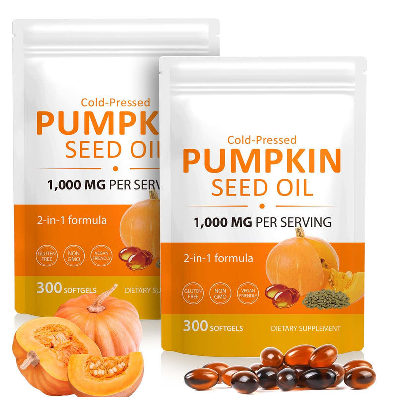 Pumpkin Seed Oil Capsules, 600PCS Pumpkin Seed Oil for Hair Growth & Prostate Health, Supports Urinary, Cold Pressed 2-in-1 Formula, Herbal Supplement Skin Care (2 PCS) 300 count (Pack of 2)