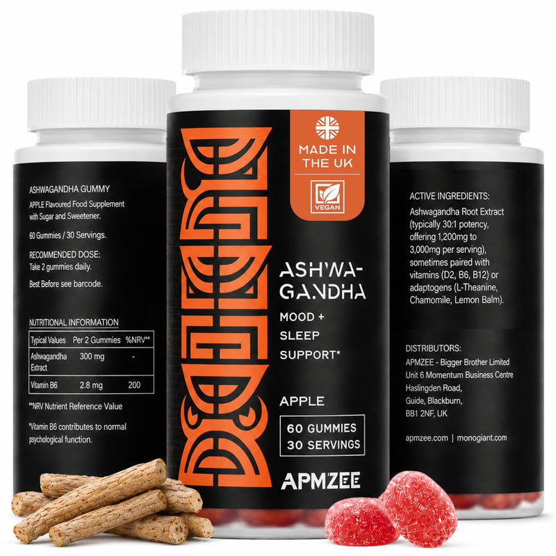 AMPZEE Ashwagandha Gummies 300mg with Vitamin B6 | 60 Apple Flavour Vegan Gummies | Ashwagandha Supplement for Stress, Sleep & Mood Support | Daily Multivitamin Gummies