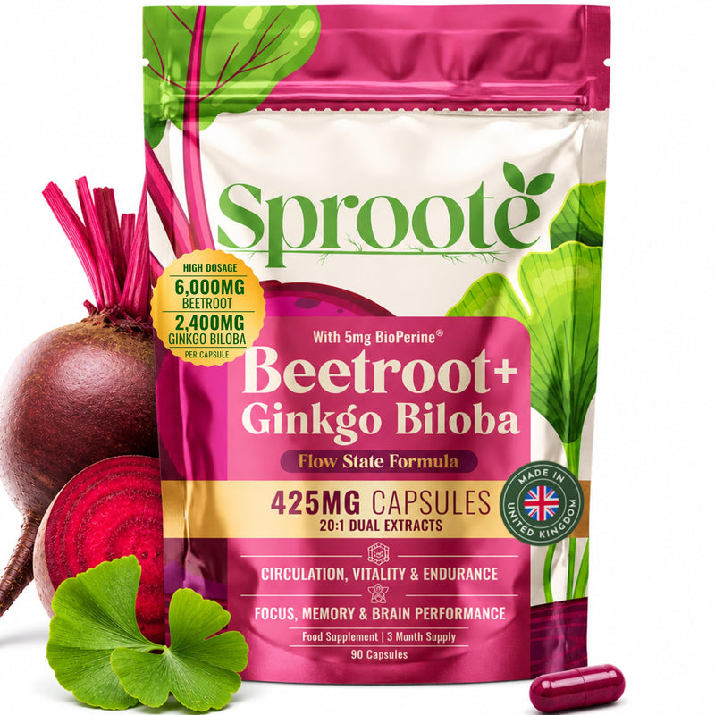 Flow State Formula | Beetroot & Ginkgo Biloba Capsules | Brain & Circulation Support | Dual 20:1 High Strength Extract | Caffeine Free | 90 Vegan Capsules