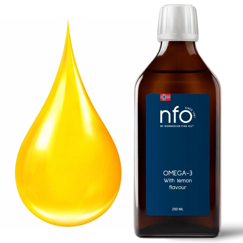 NFO Omega 3 Oil Lemon 250 ml – High Strength Liquid Fish Oil from Norway – Triglyceride Form with EPA DHA – Natural Lemon Taste – with Vitamin E