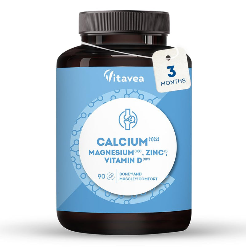 Calcium with Magnesium, Zinc & Vitamin D - 90 Tablets for 3 Months - Bone, Muscle & Immune Support - Energy & Metabolism Boost - Gluten & Lactose Free - High Strength Supplement - Vitavea