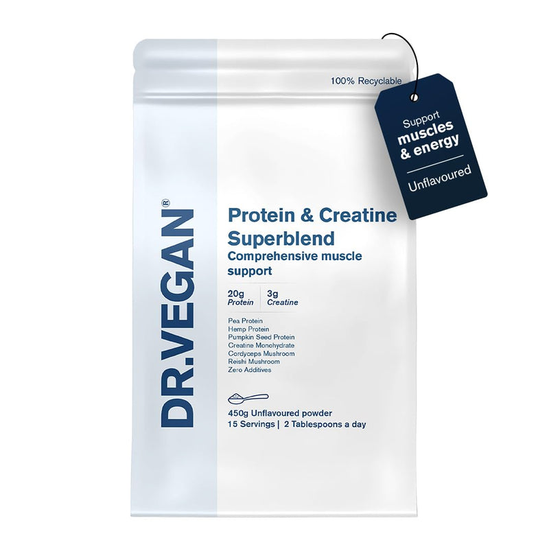 DR VEGAN® Protein & Creatine Superblend | Plant Based Protein Powder, Unflavoured (450g) | 20g Pea, Pumpkin & Hemp Protein, 3g Creatine, 200mg Reishi & Cordyceps Mushrooms | Dairy & Gluten Free