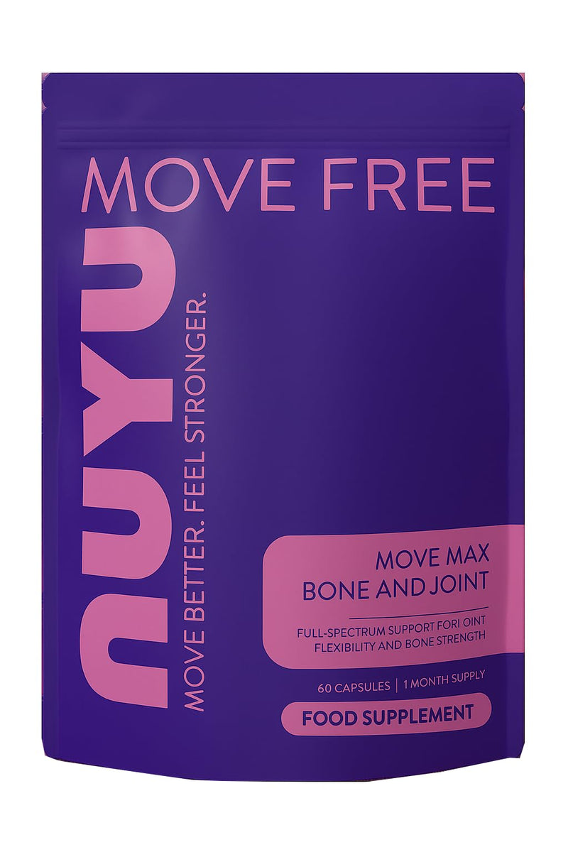 NUYU Move Max - Bone & Joint Capsules. Daily Supplement with Glucosamine Sulphate to Support Joint Comfort, Mobility & Flexibility. Two-a-Day, 1 Month Supply. Made in The UK.