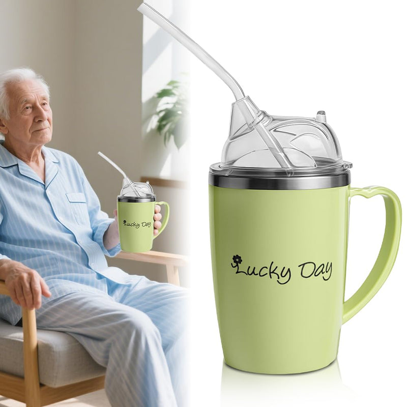 Adult Sippy Cup, 350 ml Adult 3 in 1 Sippy Cup with Lid and Straw, Stainless Steel Drinking Cups for Elderly, Spill Proof Adults Drinking Cup for Elderly, Disabled People, Patients (Green)