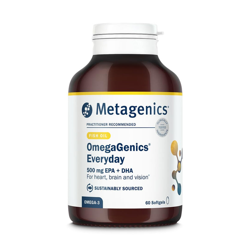 Metagenics OmegaGenics Everyday - 500mg EPA & DHA - Omega 3 Support with Vitamin E - for Heart, Vision & - 60 Capsules