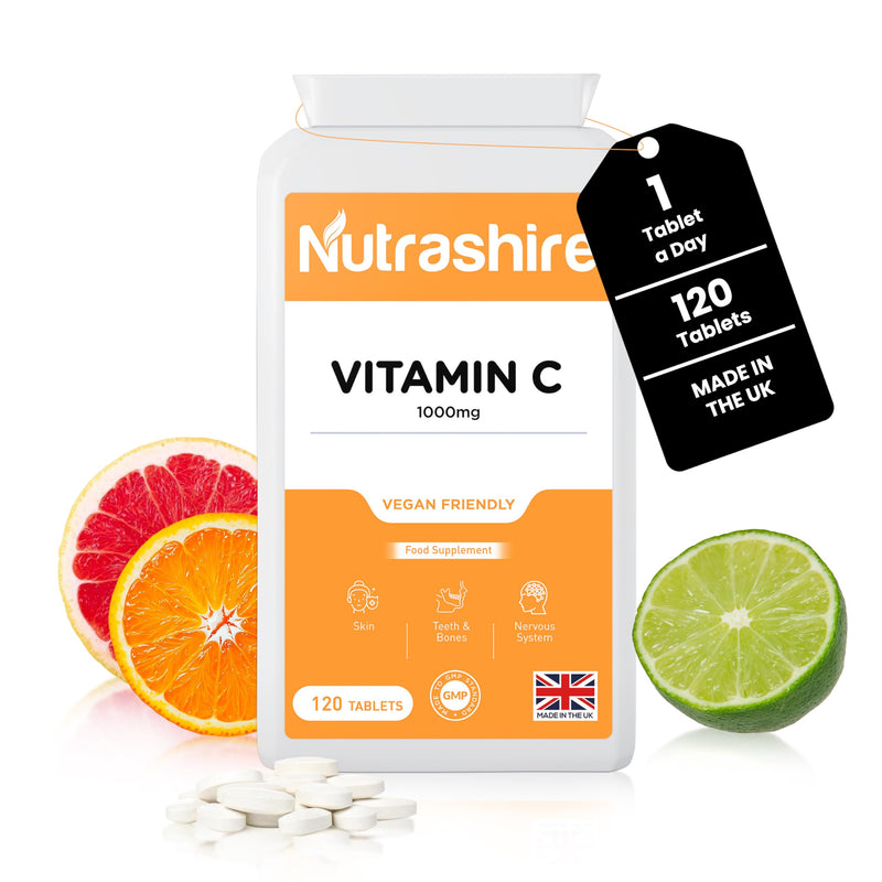 Vitamin C Tablets 1000mg – 120 Vegan Tablets (4 Month Supply) – Gluten Free Vitamin C Supplements for Skin, Bones, Teeth, Fatigue and Immune Support – High Strength VIT C - Made in the UK