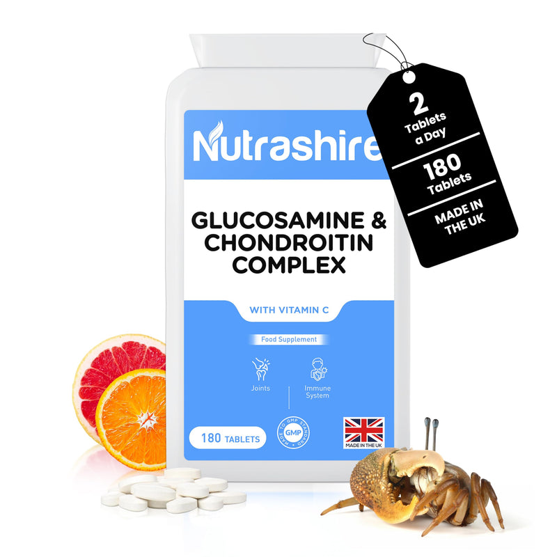 Glucosamine and Chondroitin High Strength Complex 180 Tablets - Vitamin C Joint Care Supplements for Cartilage, Bones, Fatigue & Immune Support – Made in the UK