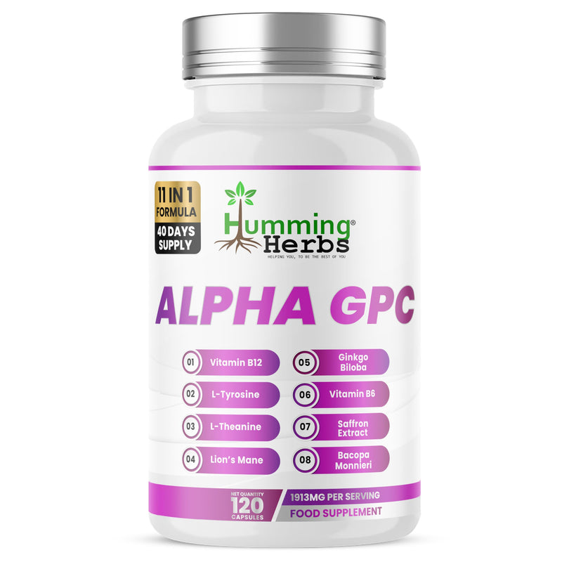 Humming Herbs Alpha GPC Complex 11-in-1 – Alpha-GPC, Lion’s Mane, Bacopa, L-Tyrosine, L-Theanine, Phosphatidylserine, Saffron, Vitamins B5 B6 B12 – 120 Vegan Capsules | 40 Day Supply