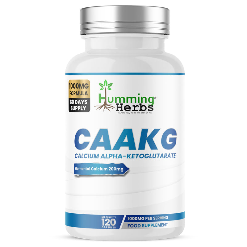 Humming Herbs Calcium Alpha-Ketoglutarate Supplement (CaAKG) 1000mg | 200mg Elemental Calcium (25% NRV) | 120 VeganCapsules | 60 Day Supply | Energy Metabolism Support