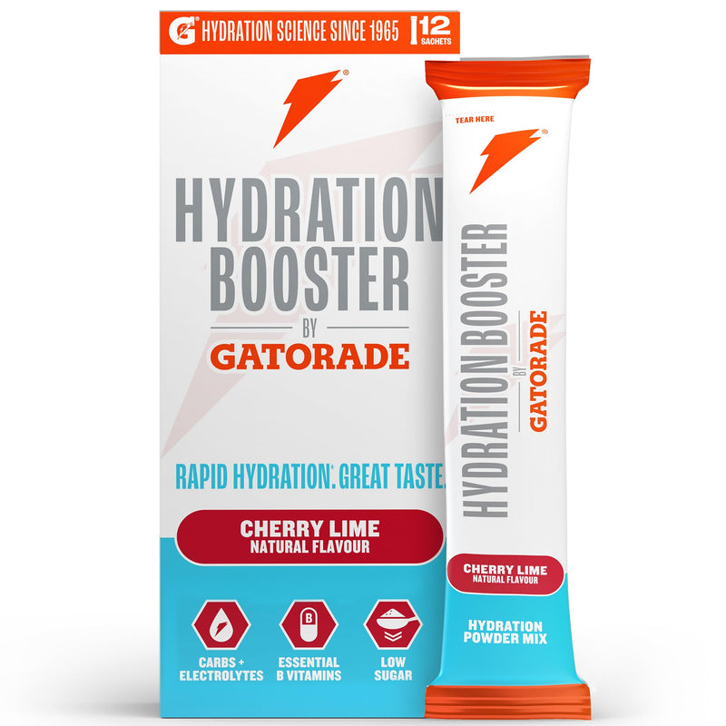 Hydration Booster by Gatorade Carbohydrate-Electrolyte Sachets - Hydration Powder Drink Mix with Carbohydrates, Electrolytes and B Vitamins (Cherry Lime, 12 Servings) Cherry Lime