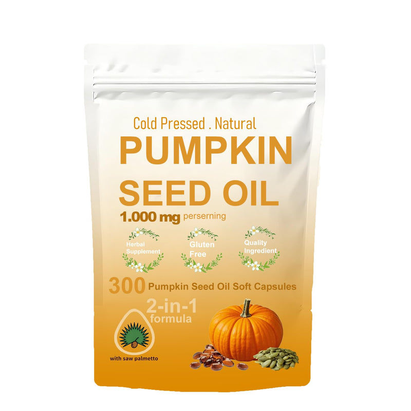 300 Pumpkin Seed Oil Capsules, 2-in-1 Pumpkin Seed Oil, Rich in Natural Essential Fatty acids, Used for Hair Growth, Heart, 100% Natural Cold Pressing, Skin Supplement, Non GMO, Gluten Free