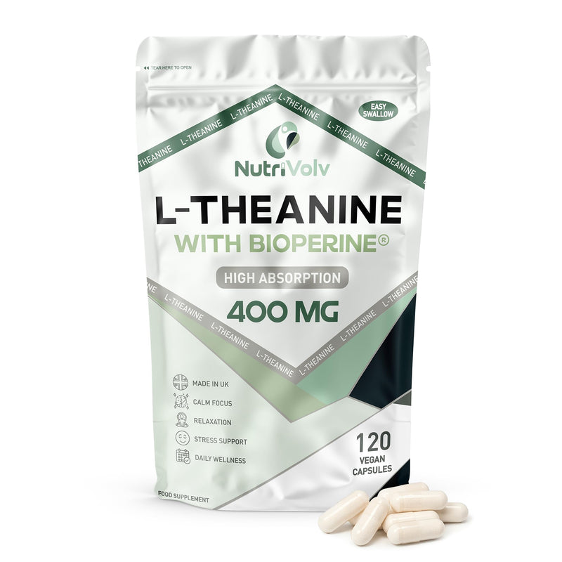 L-Theanine 400mg with BioPerine® | 120 Vegan Capsules | High Absorption & Bioavailablity L Theanine | Enhanced Sleep at Night | Boost Focus & Relieve Stress | 4 Months Supply | UK Made | by NutriVolv