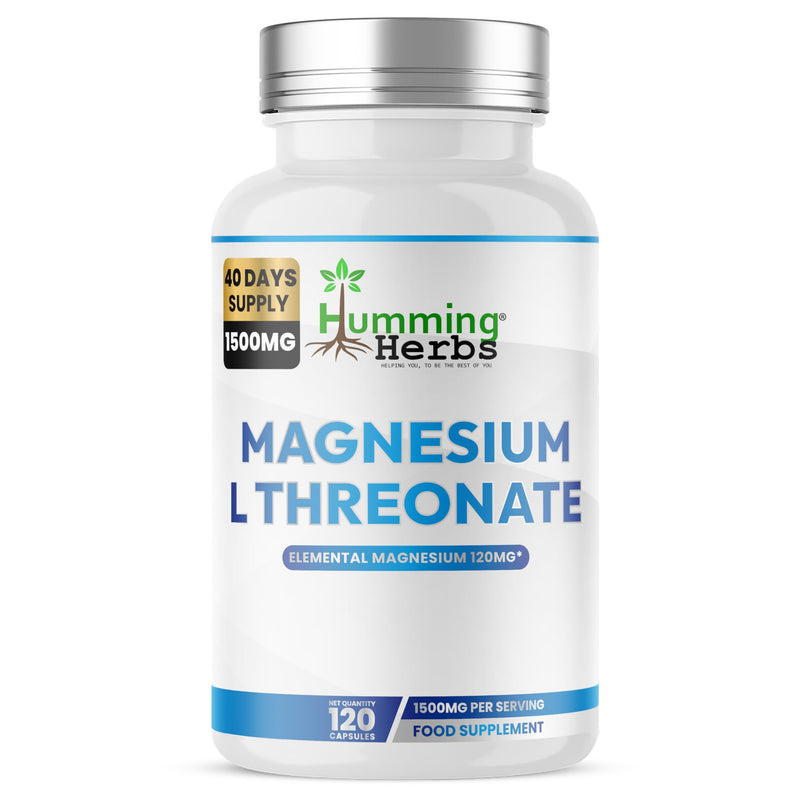 Humming Herbs Magnesium L-Threonate Supplement 1500mg per Serving | Provides 120mg Elemental Magnesium (30% NRV) | 120 Vegan Capsules | 40 Day Supply