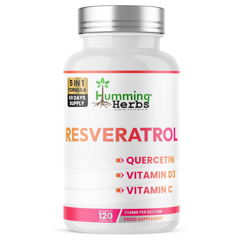 Humming Herbs Resveratrol with Quercetin, Vitamin C, Zinc & Vitamin D3-120 Vegan Capsules
