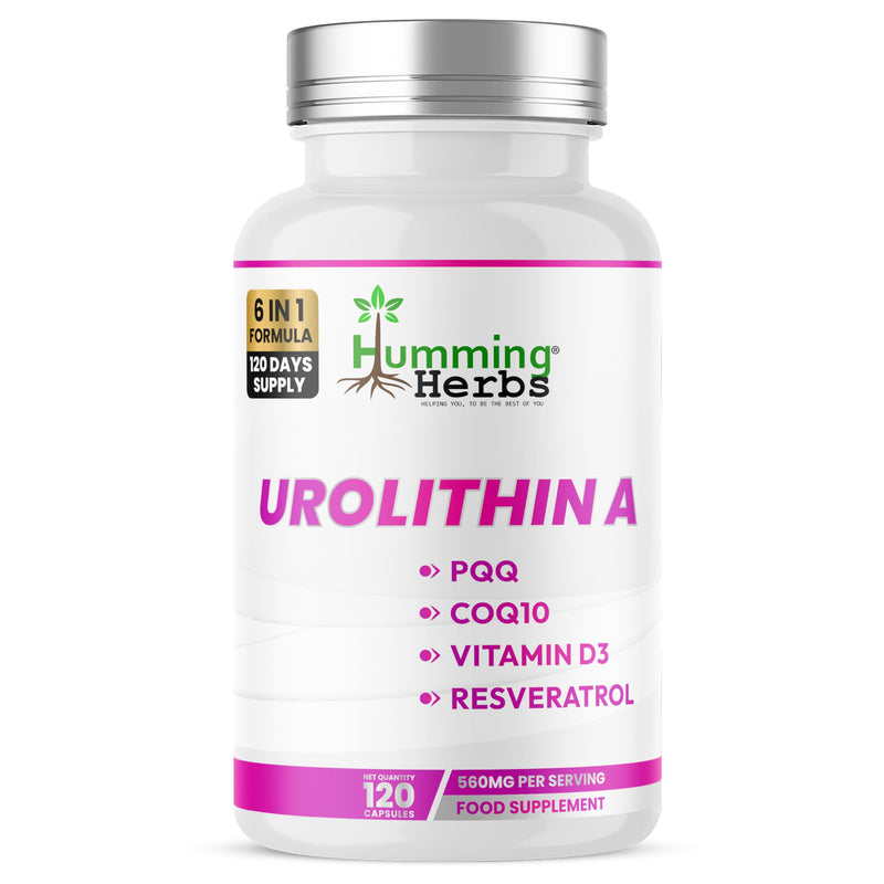 Humming Herbs Urolithin A Complex 560mg – CoQ10, PQQ, Resveratrol, D3 & B12 – 120 Vegan Capsules (120 Days)